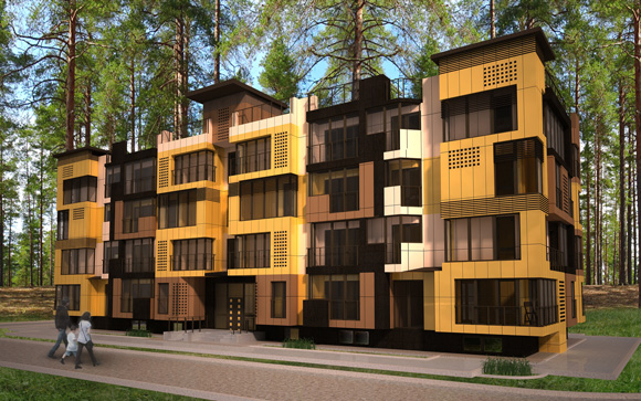 Яркий дизайн фасада жилого четырехэтажного дома